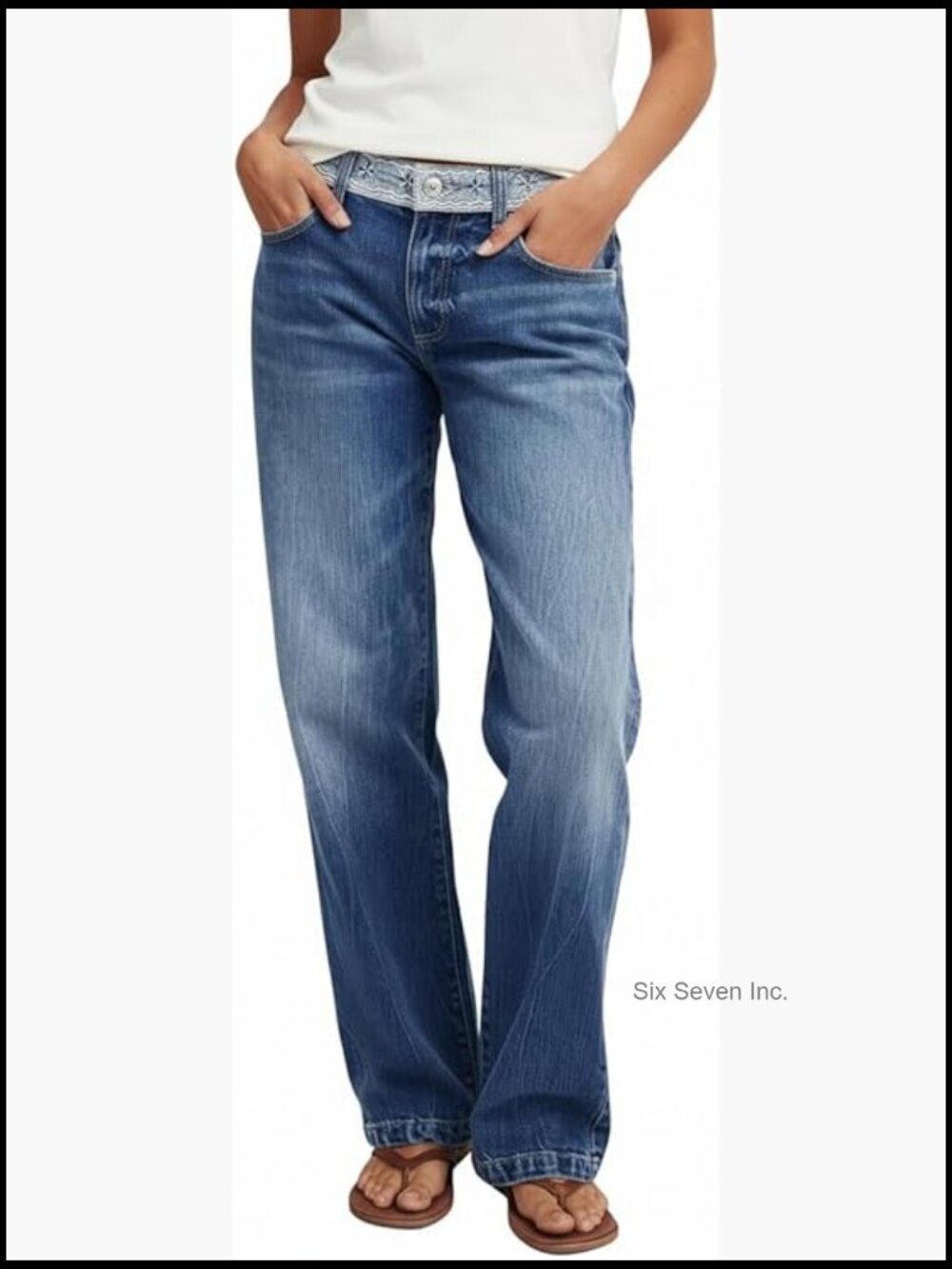 Straight Leg Jeans Low Rise Embroidered Stretch Wash Baggy Boyfriend Denim
